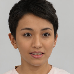 Joyful asian young-adult female with short  brown hair and brown eyes