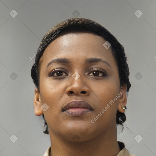 Neutral black young-adult female with short  black hair and brown eyes