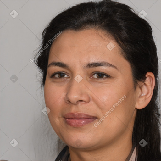 Joyful white adult female with medium  brown hair and brown eyes