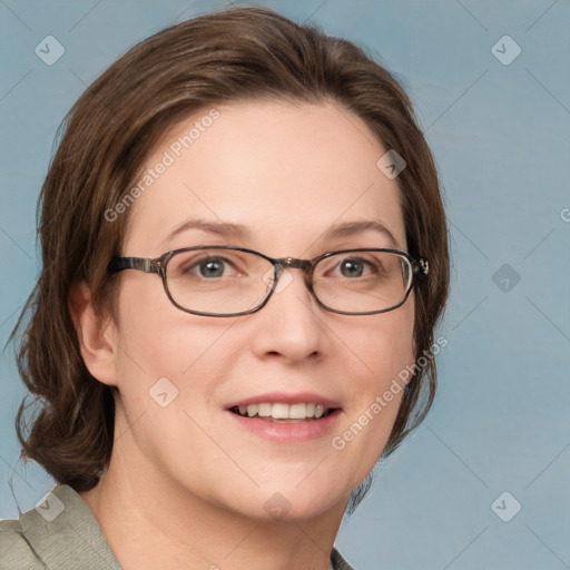 Joyful white young-adult female with medium  brown hair and blue eyes