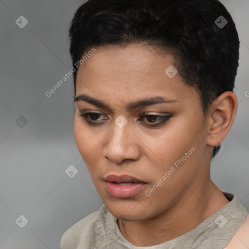 Joyful latino young-adult female with short  black hair and brown eyes