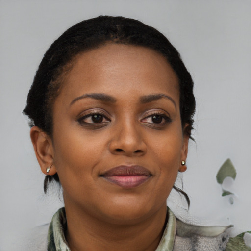 Joyful black young-adult female with short  brown hair and brown eyes
