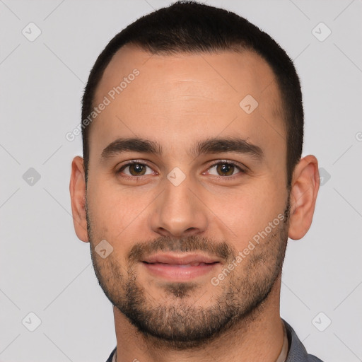 Joyful white young-adult male with short  brown hair and brown eyes