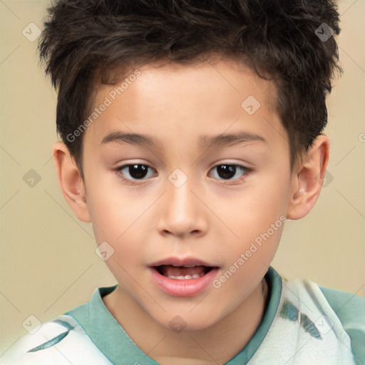 Joyful white child male with short  brown hair and brown eyes