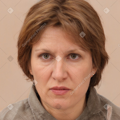 Joyful white adult female with medium  brown hair and grey eyes