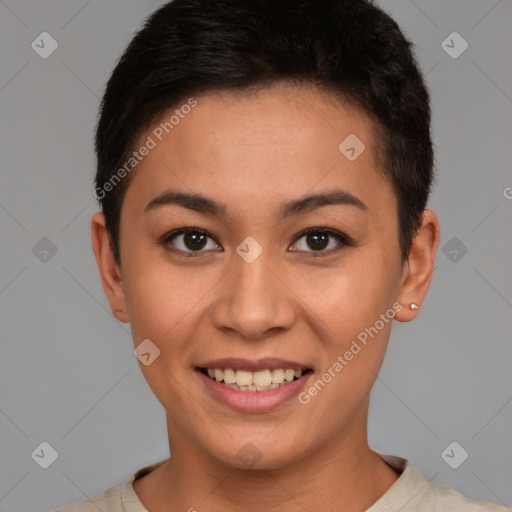 Joyful latino young-adult female with short  brown hair and brown eyes