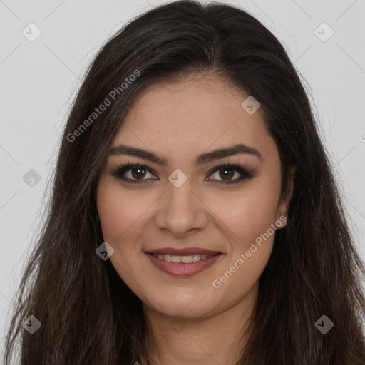 Joyful white young-adult female with long  brown hair and brown eyes