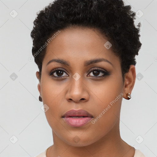 Neutral black young-adult female with short  brown hair and brown eyes