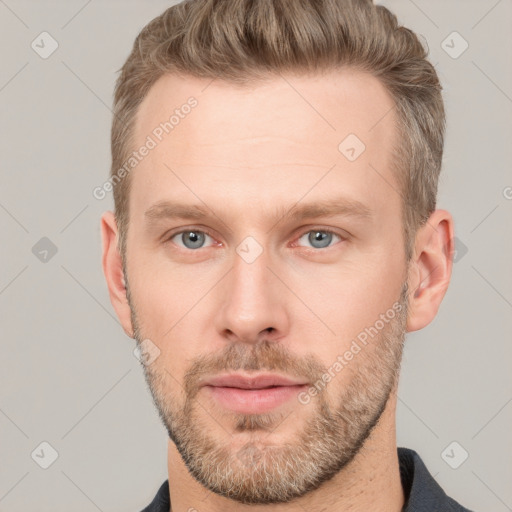 Neutral white young-adult male with short  brown hair and grey eyes