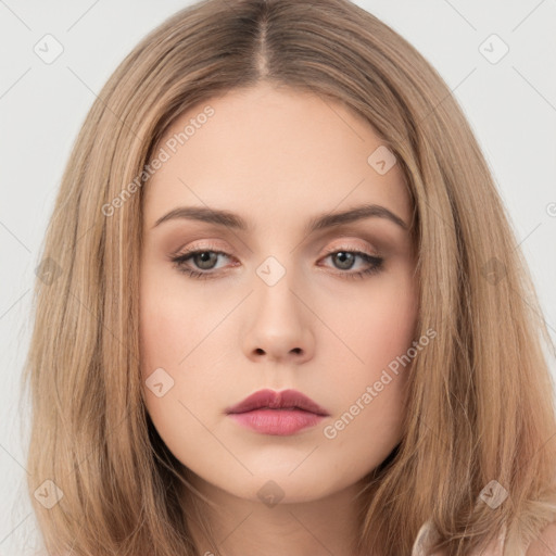 Neutral white young-adult female with long  brown hair and brown eyes