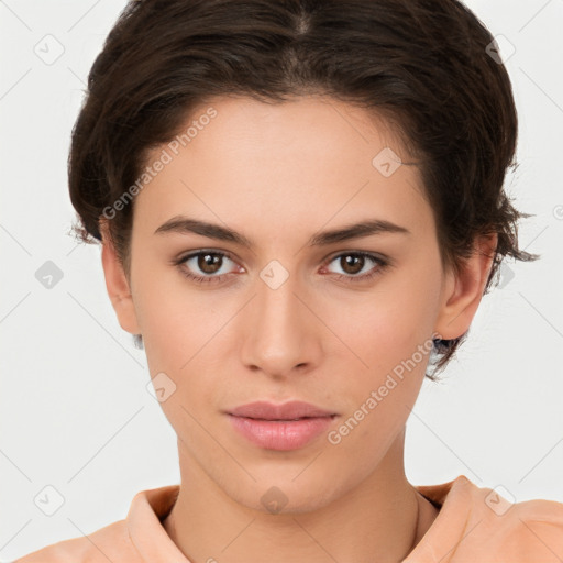 Neutral white young-adult female with short  brown hair and brown eyes