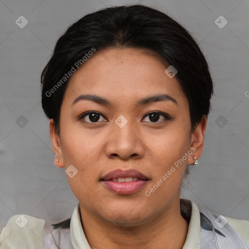 Joyful asian young-adult female with short  black hair and brown eyes