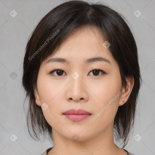 Neutral asian young-adult female with medium  brown hair and brown eyes