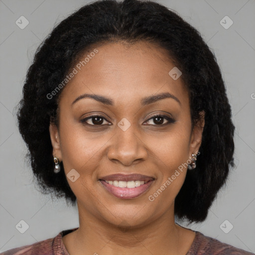 Joyful black young-adult female with medium  brown hair and brown eyes