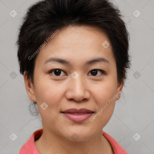 Joyful asian young-adult female with short  brown hair and brown eyes