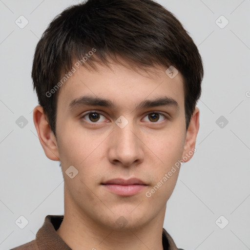 Neutral white young-adult male with short  brown hair and brown eyes