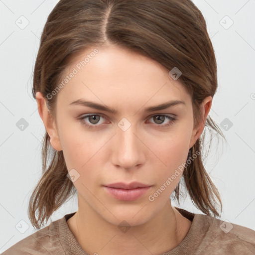 Neutral white young-adult female with medium  brown hair and brown eyes