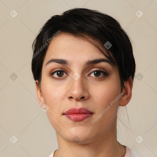 Neutral white young-adult female with short  brown hair and brown eyes