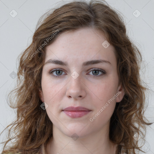 Neutral white young-adult female with medium  brown hair and grey eyes