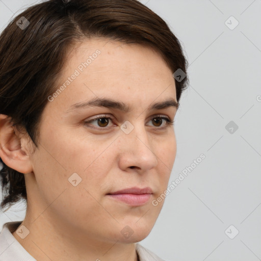 Neutral white young-adult female with medium  brown hair and brown eyes