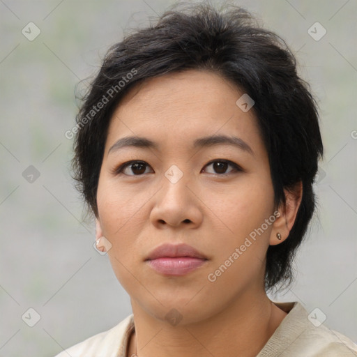 Neutral asian young-adult female with medium  brown hair and brown eyes