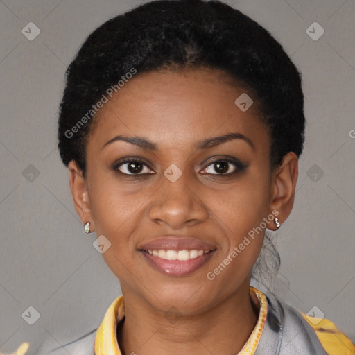 Joyful latino young-adult female with short  black hair and brown eyes