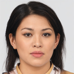 Neutral asian young-adult female with medium  brown hair and brown eyes