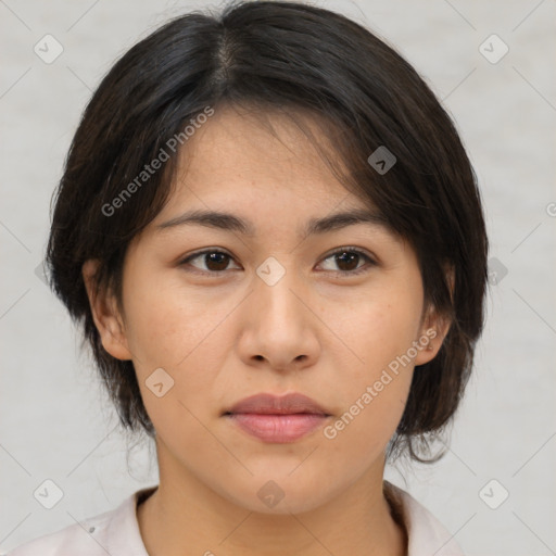 Neutral asian young-adult female with medium  brown hair and brown eyes