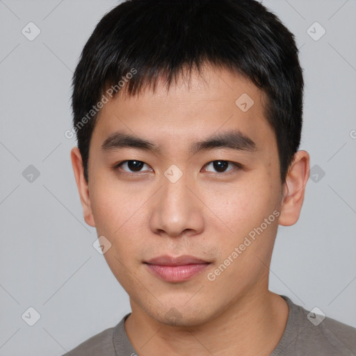 Neutral asian young-adult male with short  brown hair and brown eyes