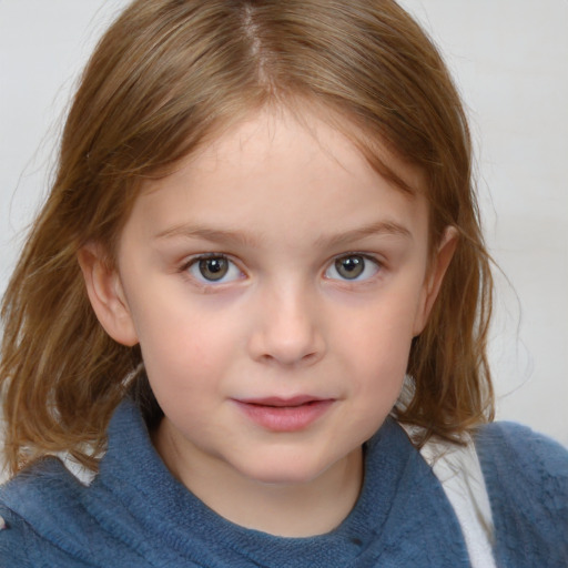 Neutral white child female with medium  brown hair and blue eyes