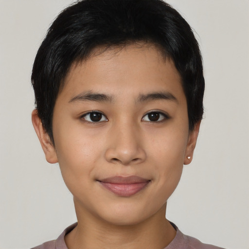 Joyful asian young-adult female with short  black hair and brown eyes