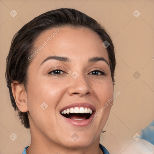 Joyful white young-adult female with medium  brown hair and brown eyes