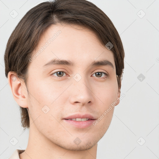 Neutral white young-adult male with short  brown hair and grey eyes