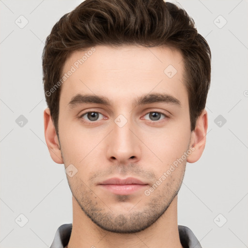 Neutral white young-adult male with short  brown hair and brown eyes