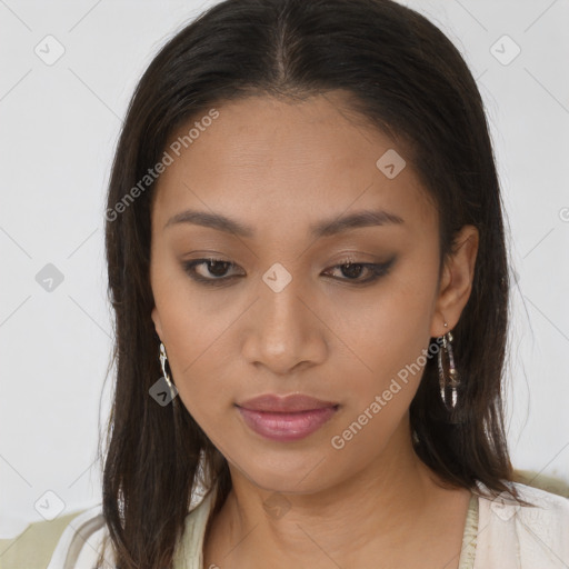 Neutral asian young-adult female with long  brown hair and brown eyes