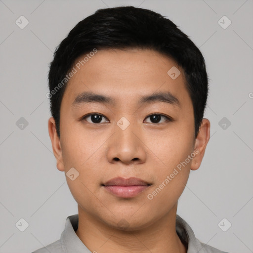 Neutral asian young-adult male with short  black hair and brown eyes