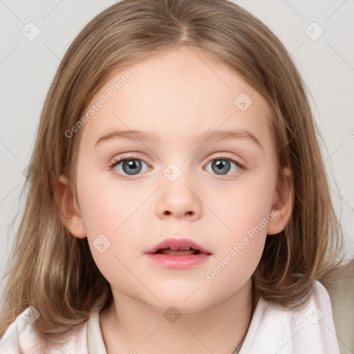 Neutral white child female with medium  brown hair and blue eyes