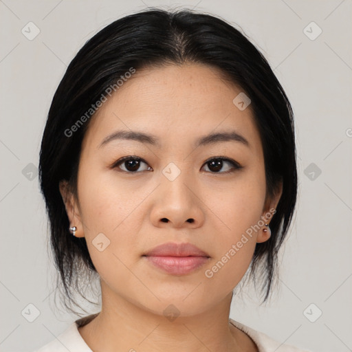 Neutral asian young-adult female with medium  black hair and brown eyes