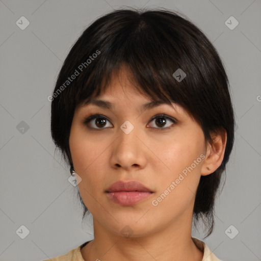 Neutral asian young-adult female with medium  brown hair and brown eyes