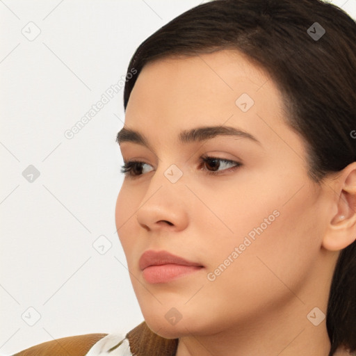 Neutral white young-adult female with medium  brown hair and brown eyes