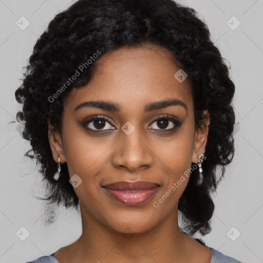 Joyful black young-adult female with medium  black hair and brown eyes