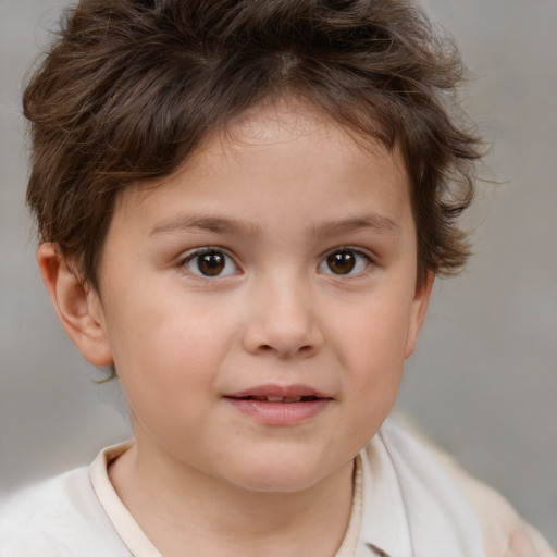 Joyful white child female with short  brown hair and brown eyes