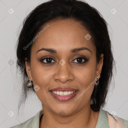 Joyful latino young-adult female with medium  brown hair and brown eyes