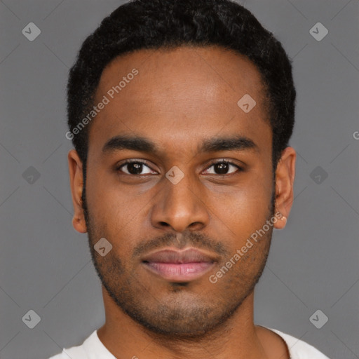 Neutral latino young-adult male with short  black hair and brown eyes