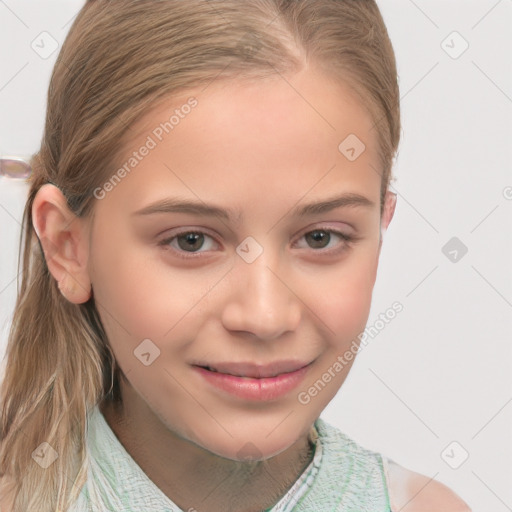 Joyful white child female with medium  brown hair and brown eyes