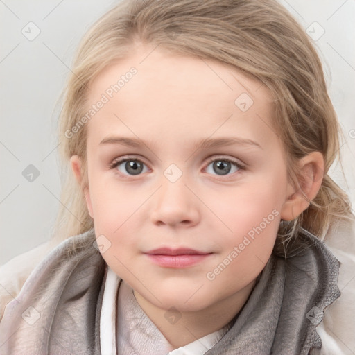 Neutral white child female with medium  brown hair and blue eyes