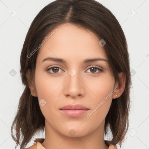 Neutral white young-adult female with medium  brown hair and brown eyes