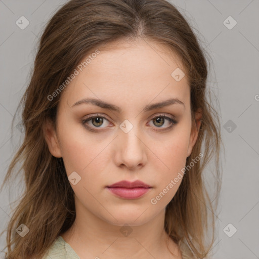 Neutral white young-adult female with medium  brown hair and brown eyes