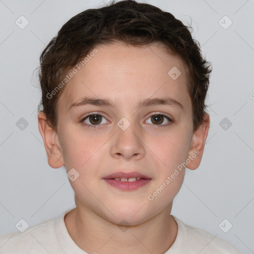 Joyful white child female with short  brown hair and brown eyes