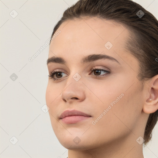 Neutral white young-adult female with medium  brown hair and brown eyes